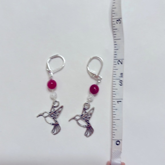 handmade 925 sterling silver pink hummingbird charm earrings leverback - Picture 3 of 5